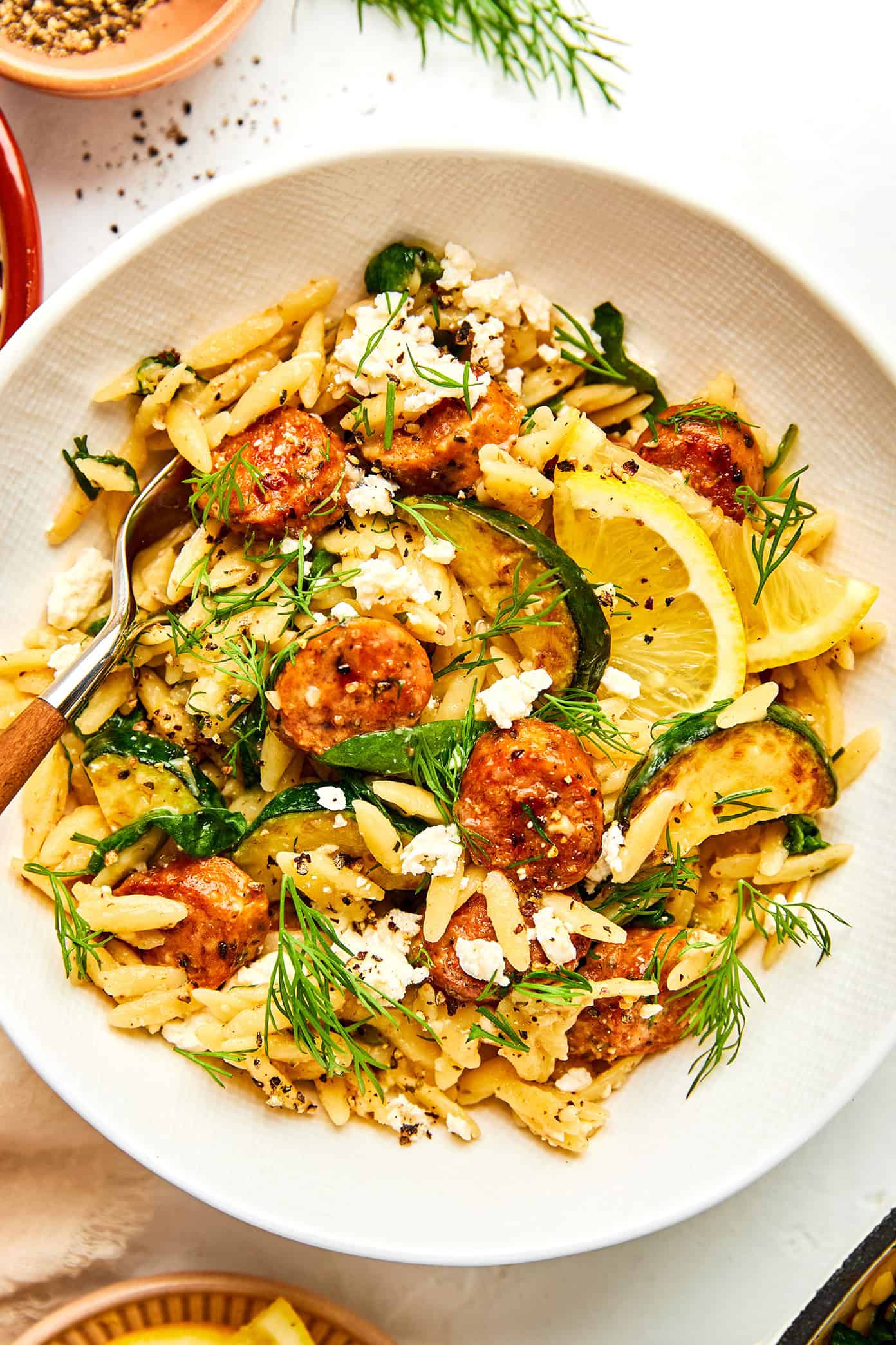 One-Pan Mediterranean Chicken Sausage Zucchini Orzo