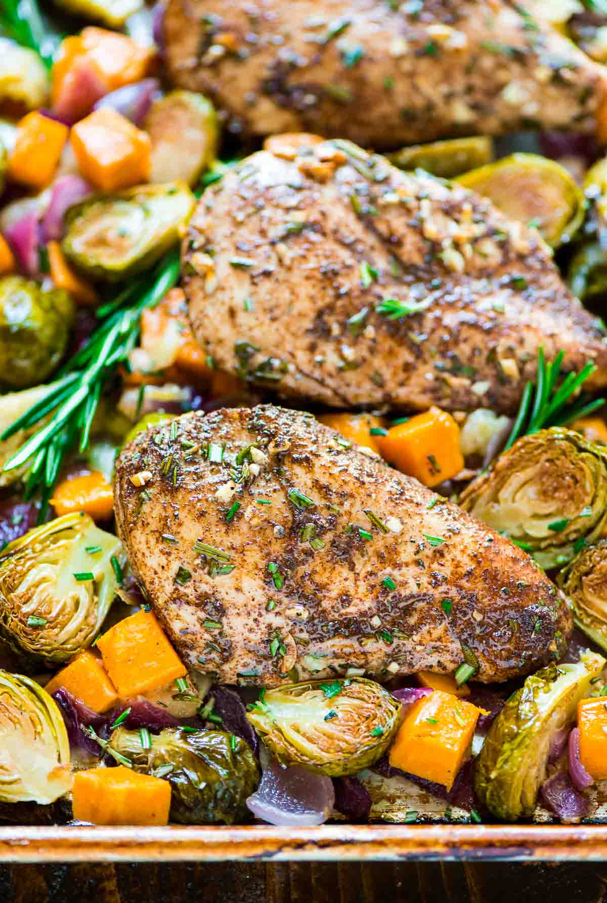 Sheet Pan Chicken with Sweet Potatoes Apples and Brussels Sprouts